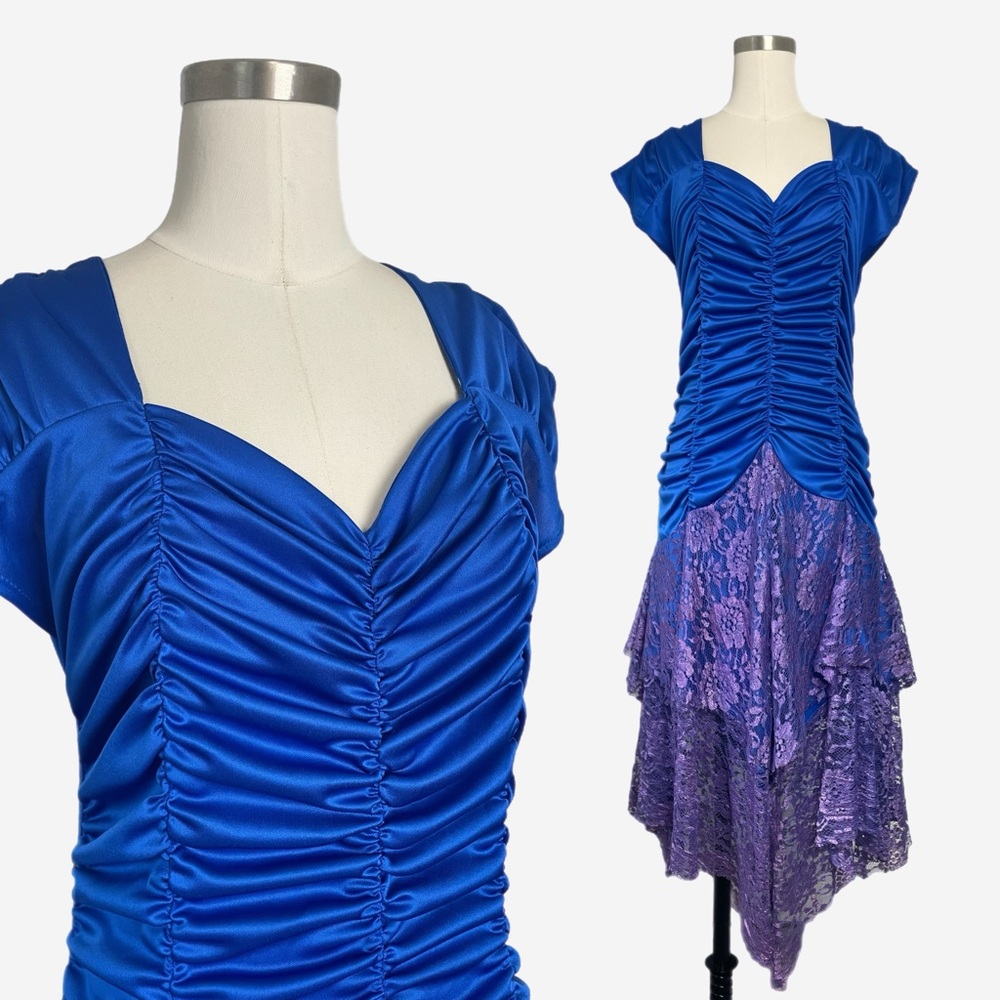 Vintage 70s/80s Isadora Blue ruched drop waist lace midi dress disco fairy S